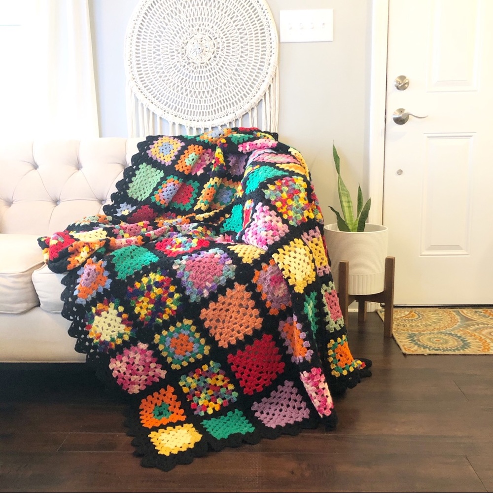 Vintage Granny Square Black Multicolor Afghan